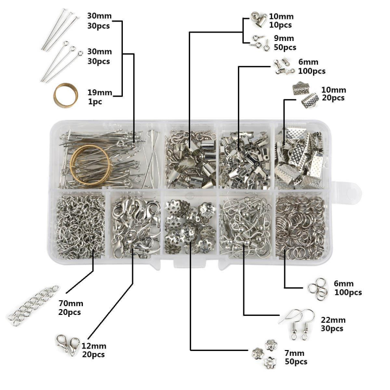 Set de accesorii DIY pentru bijuterii, cutie cu 10 compartimente: Lobster Clasp, Tail Chain Clip, Flower Holder, Nine-Character Needle, T-Shaped Needle