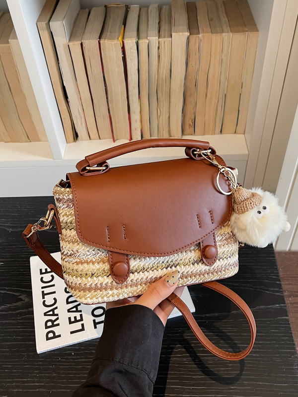 Geantă de paie tip găleată pentru femei, croșetată în curcubeu, mică crossbody pentru telefon