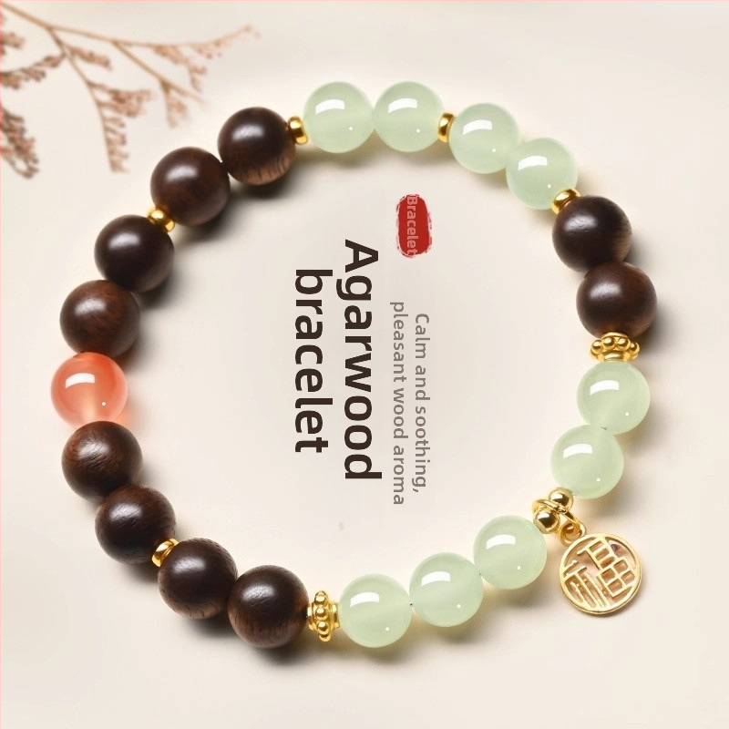 Βραχιόλι από φυσικό agarwood και jade με στρογγυλές χάντρες, φυλαχτό τύχης, ξύλινο καλλιτεχνικό κομμάτι, unisex αξεσουάρ μόδας