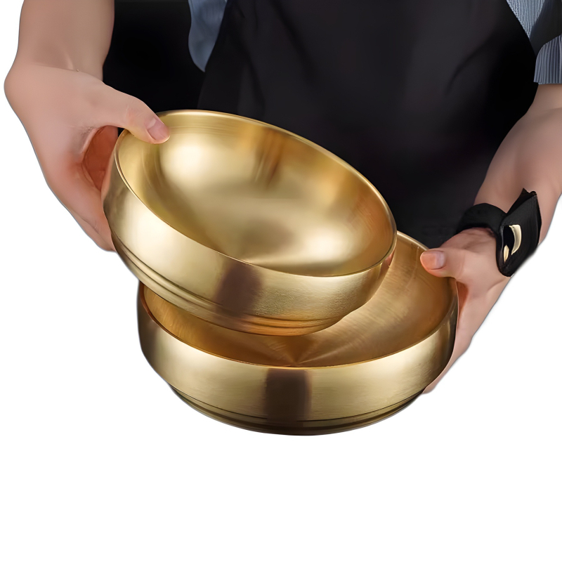 Bol din oțel inoxidabil pentru bibimbap și tăiței, finisaj auriu, rotund, diametre 18–18.9 cm, 21–21.9 cm, 22–22.9 cm.
