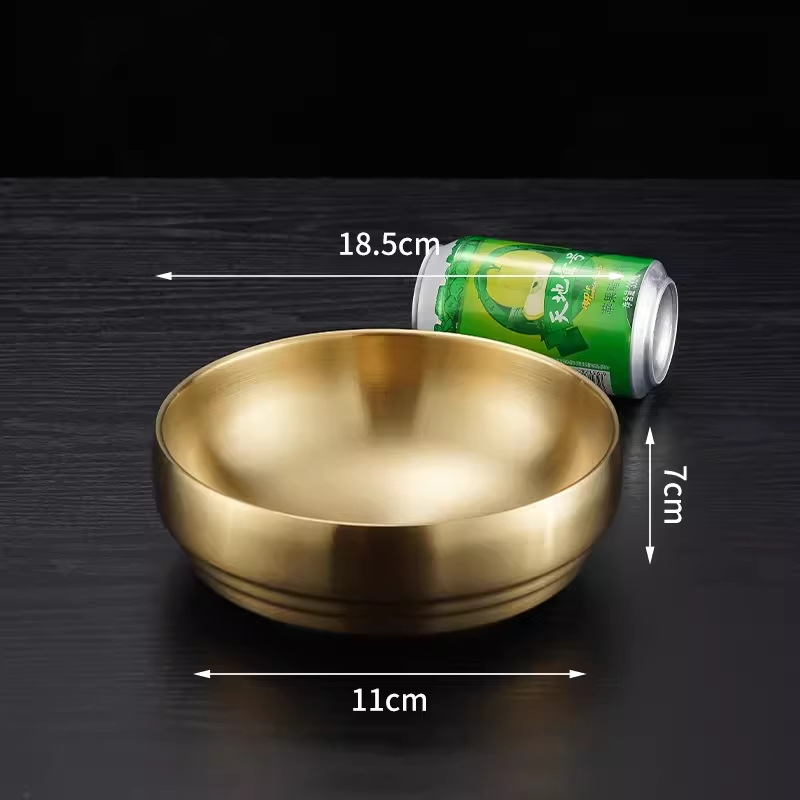 Bol din oțel inoxidabil pentru bibimbap și tăiței, finisaj auriu, rotund, diametre 18–18.9 cm, 21–21.9 cm, 22–22.9 cm.