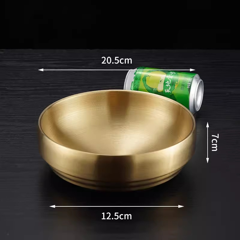 Bol din oțel inoxidabil pentru bibimbap și tăiței, finisaj auriu, rotund, diametre 18–18.9 cm, 21–21.9 cm, 22–22.9 cm.