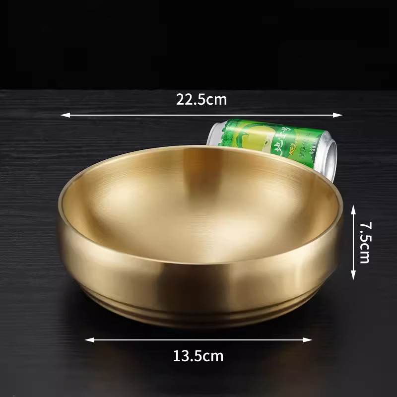 Bol din oțel inoxidabil pentru bibimbap și tăiței, finisaj auriu, rotund, diametre 18–18.9 cm, 21–21.9 cm, 22–22.9 cm.