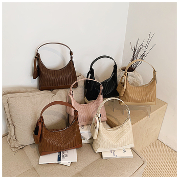 Geantă de umăr în formă de semilună din PU, textură tricotată retro, casual, mare capacitate, pentru femei, cu curea de umăr sau crossbody