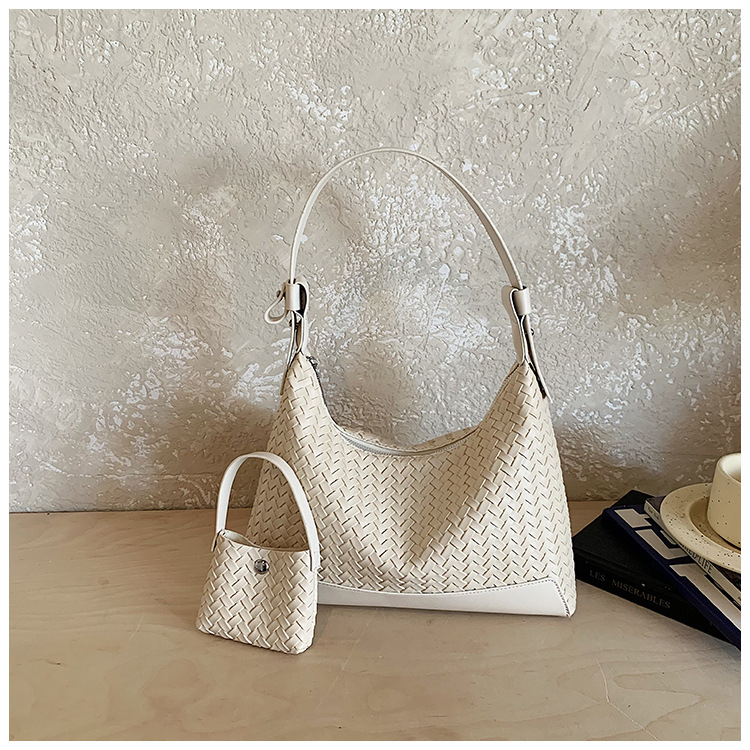 Geantă de umăr în formă de semilună din PU, textură tricotată retro, casual, mare capacitate, pentru femei, cu curea de umăr sau crossbody
