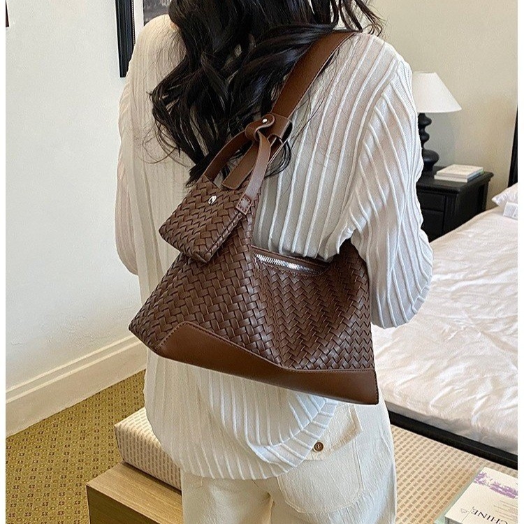 Geantă de umăr în formă de semilună din PU, textură tricotată retro, casual, mare capacitate, pentru femei, cu curea de umăr sau crossbody
