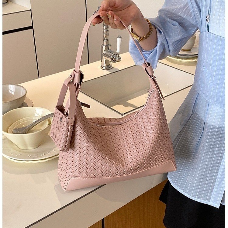 Geantă de umăr în formă de semilună din PU, textură tricotată retro, casual, mare capacitate, pentru femei, cu curea de umăr sau crossbody