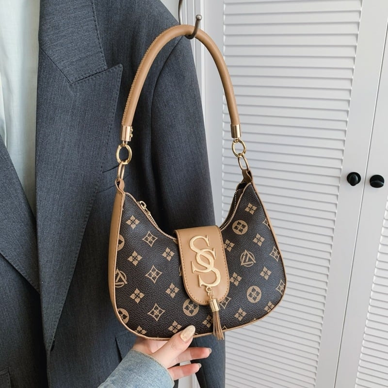 Geantă de damă în formă de lună, imprimeu cu lanț denim, geantă crossbody
