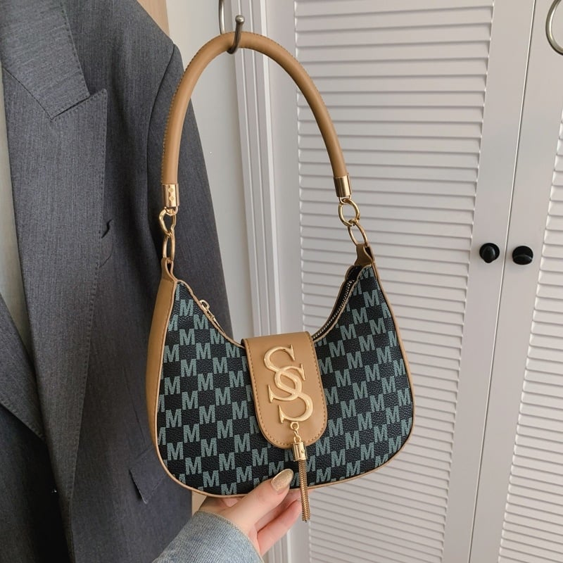 Geantă de damă în formă de lună, imprimeu cu lanț denim, geantă crossbody