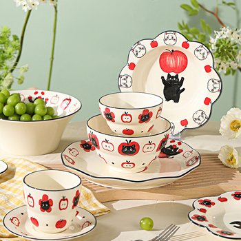 Set boluri și farfurioare cu design desen animat, ceramică, bol rotund pentru orez și farfurie, stil modern simplu
