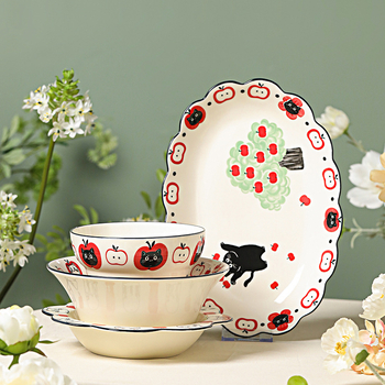 Set boluri și farfurioare cu design desen animat, ceramică, bol rotund pentru orez și farfurie, stil modern simplu