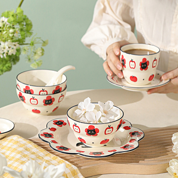 Set boluri și farfurioare cu design desen animat, ceramică, bol rotund pentru orez și farfurie, stil modern simplu