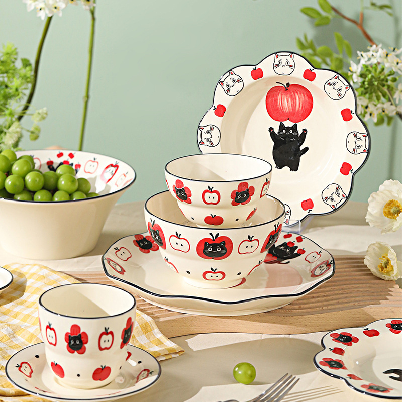 Set boluri și farfurioare cu design desen animat, ceramică, bol rotund pentru orez și farfurie, stil modern simplu