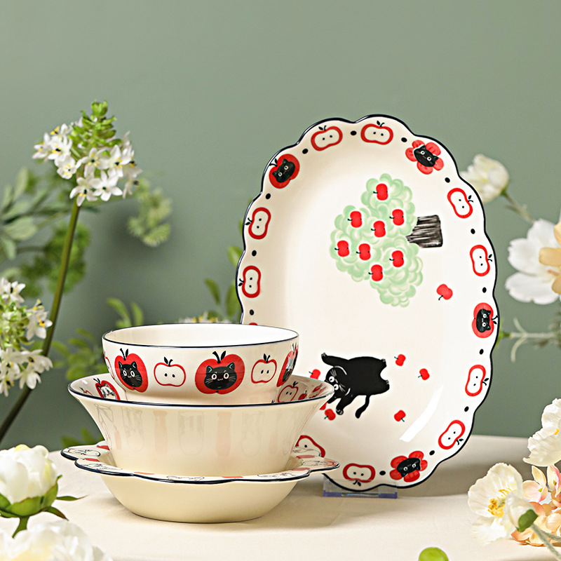 Set boluri și farfurioare cu design desen animat, ceramică, bol rotund pentru orez și farfurie, stil modern simplu