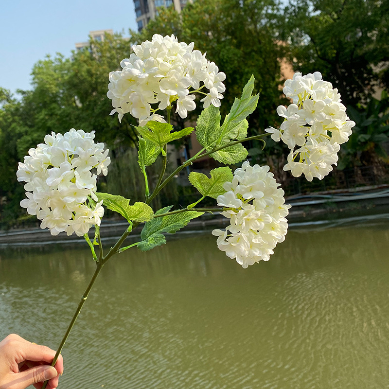 Floare artificială Hydrangea din mătase, cu tulpină unică și patru capete, pentru decor în magazine, hoteluri și nunți.