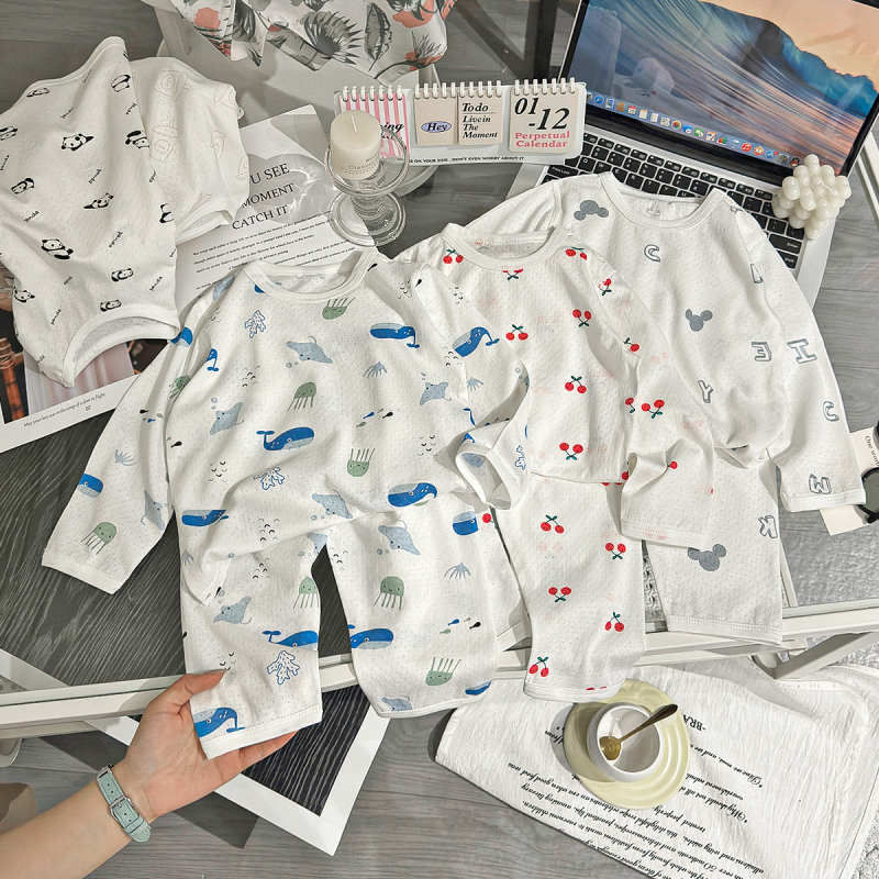 Set pijamale din bumbac pentru bebeluți, pijamale de vară cu mâneci lungi, fără cusături, unisex, pentru nou-născuți (0–12 luni)