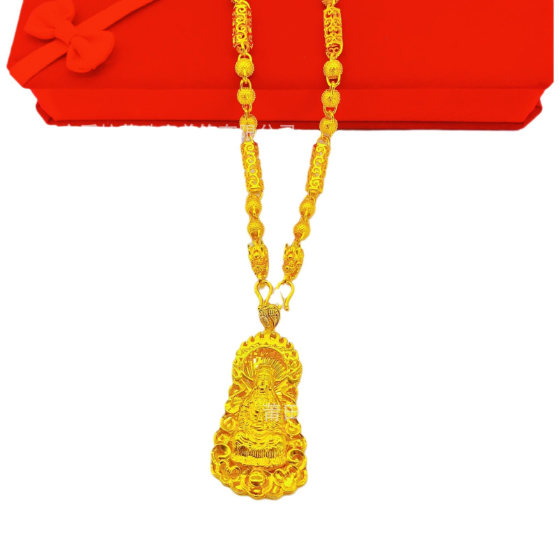 Colier din alamă placat cu aur, pandant dragon imperial și Guanyin, pentru bărbați, cu lanț gros