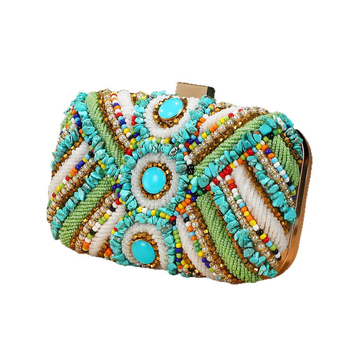 Geantă de seară în stil etnic, broderie cu mărgele și cristale, clutch-cutie cu lanț