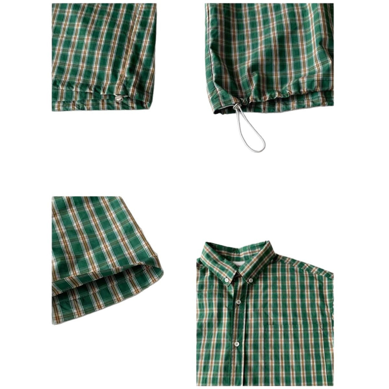 Cămașă de bărbați cu mânecă scurtă, în stil american retro, carouri verzi, vară, croială lejeră, tiv adunat