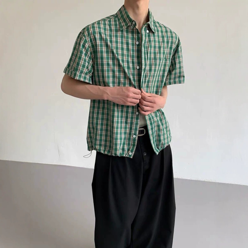 Cămașă de bărbați cu mânecă scurtă, în stil american retro, carouri verzi, vară, croială lejeră, tiv adunat
