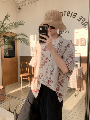 Cămașă pentru bărbați cu broderie vintage, mânecă scurtă, croială lejeră, cămașă premium office-casual