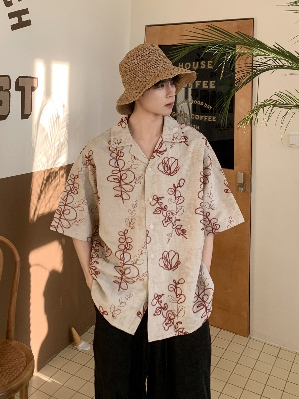 Pánska vintage vyšívaná košeľa s krátkym rukávom, letný voľný strih, prémiová košeľa na ležérny outfit do kancelárie