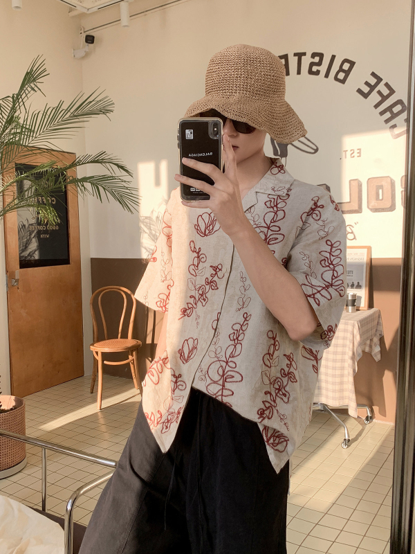 Cămașă pentru bărbați cu broderie vintage, mânecă scurtă, croială lejeră, cămașă premium office-casual