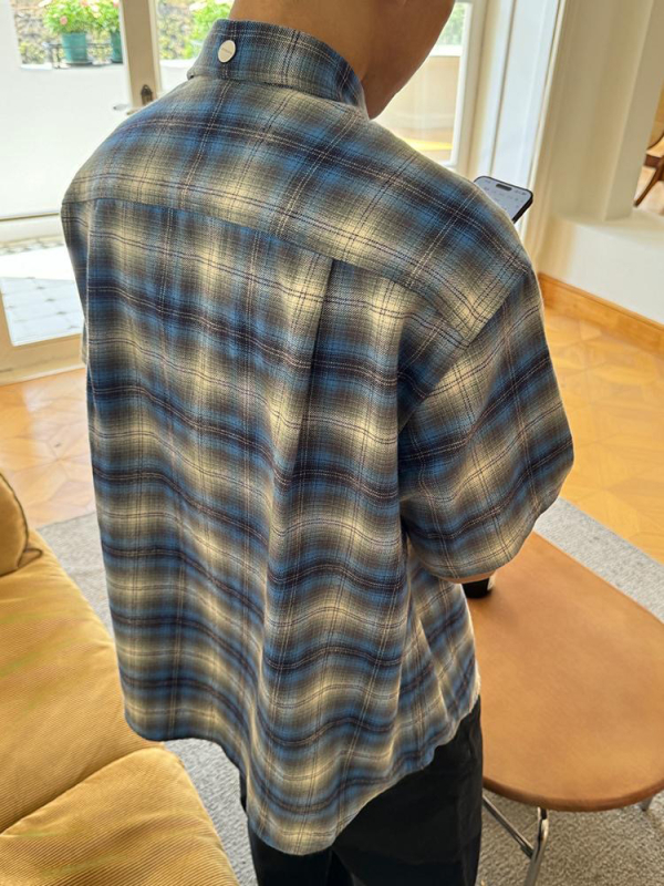 Cămașă bărbătească din flanelă albastră cu carouri, mânecă scurtă, vară, premium