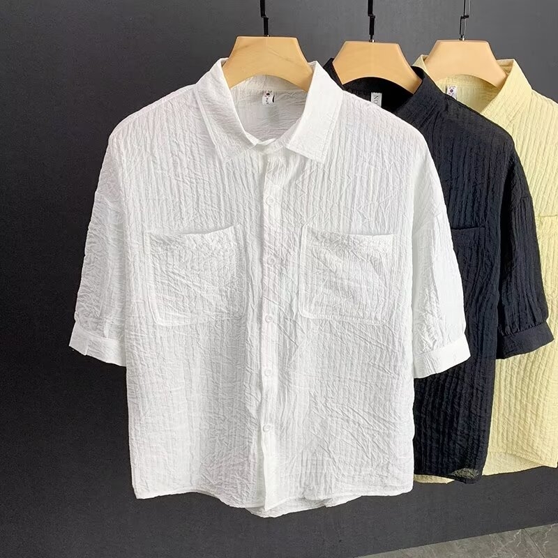 Cămașă bărbați în stil japonez 2024, retro, mâneci scurte, croială lejeră, stil coreean, design de nișă