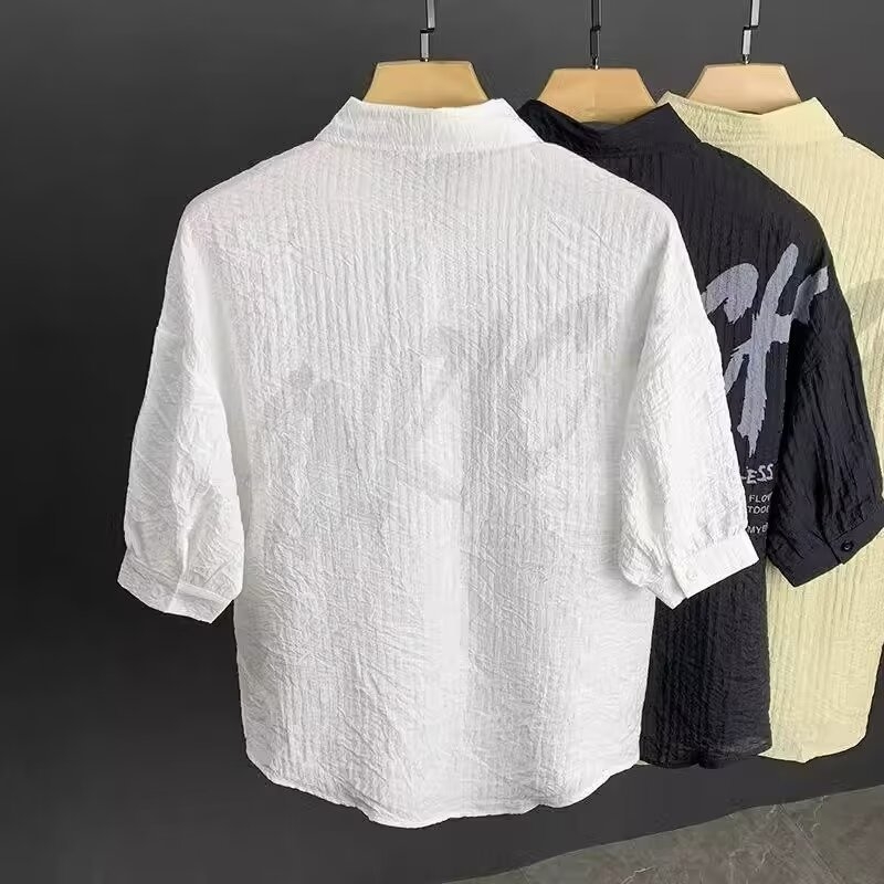 Cămașă bărbați în stil japonez 2024, retro, mâneci scurte, croială lejeră, stil coreean, design de nișă