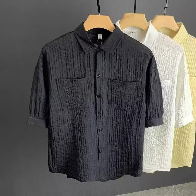 Cămașă bărbați în stil japonez 2024, retro, mâneci scurte, croială lejeră, stil coreean, design de nișă