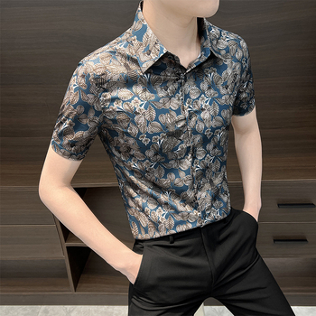 Cămașă bărbați cu mâneci scurte, floral, ice silk - croială slim, casual de vară, imprimeu