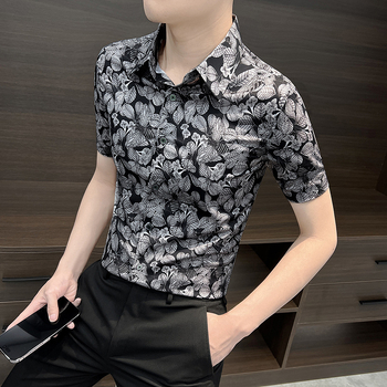 Cămașă bărbați cu mâneci scurte, floral, ice silk - croială slim, casual de vară, imprimeu