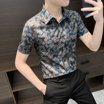 Cămașă bărbați cu mâneci scurte, floral, ice silk - croială slim, casual de vară, imprimeu