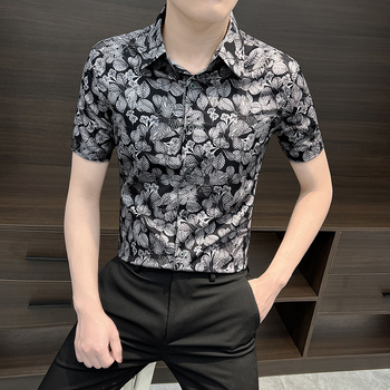 Cămașă bărbați cu mâneci scurte, floral, ice silk - croială slim, casual de vară, imprimeu