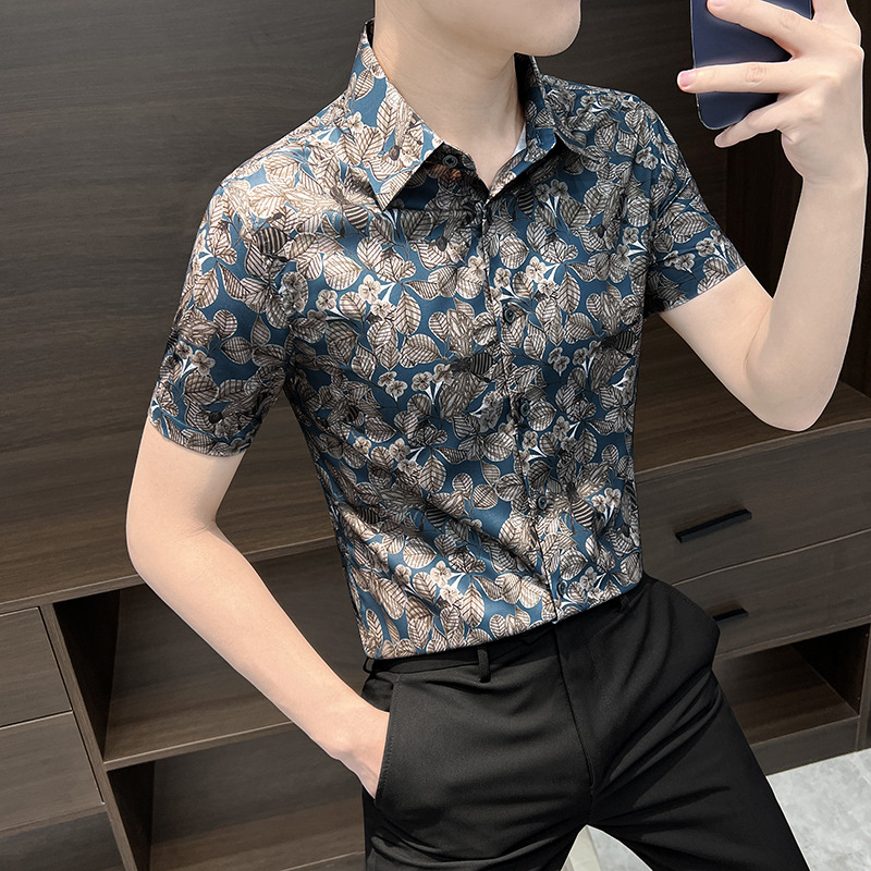 Cămașă bărbați cu mâneci scurte, floral, ice silk - croială slim, casual de vară, imprimeu