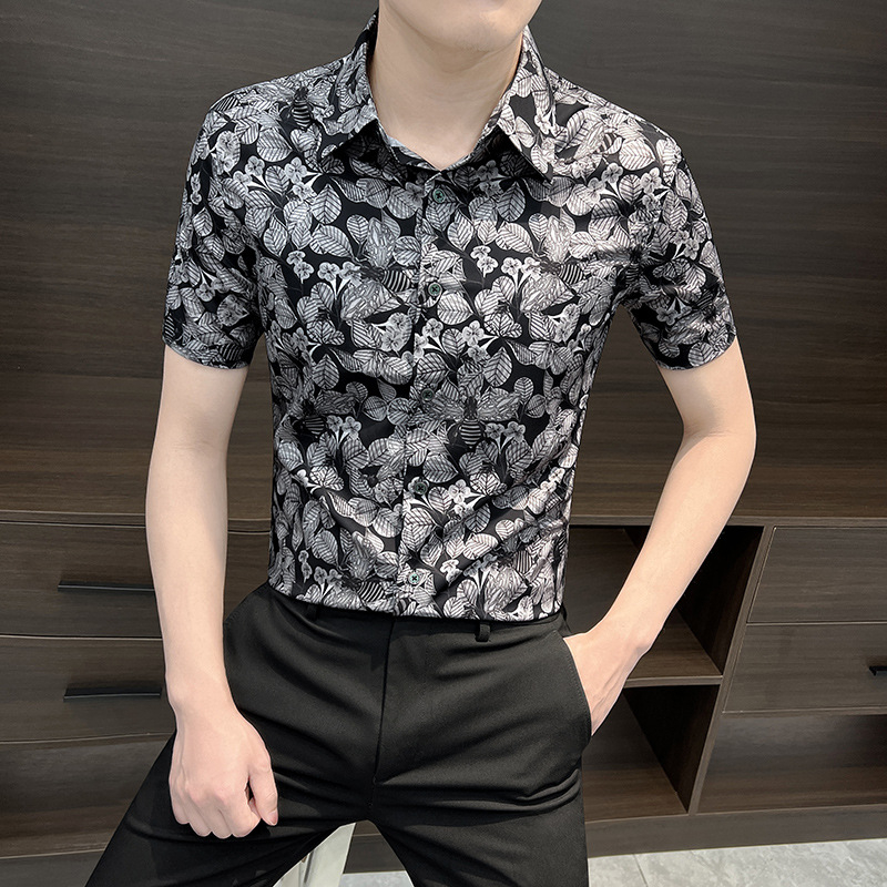 Cămașă bărbați cu mâneci scurte, floral, ice silk - croială slim, casual de vară, imprimeu