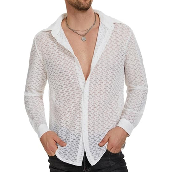 Cămașă bărbătească din dantelă și plasă transparentă, mânecă lungă, top casual