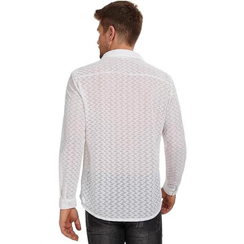 Cămașă bărbătească din dantelă și plasă transparentă, mânecă lungă, top casual