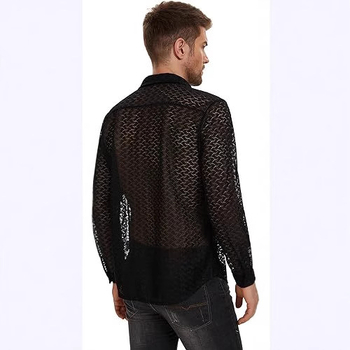 Cămașă bărbătească din dantelă și plasă transparentă, mânecă lungă, top casual