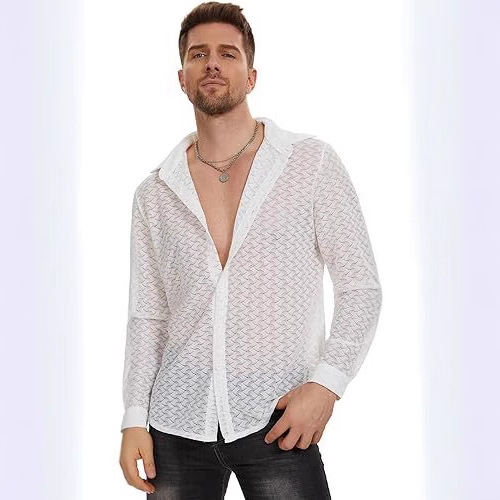 Cămașă bărbătească din dantelă și plasă transparentă, mânecă lungă, top casual