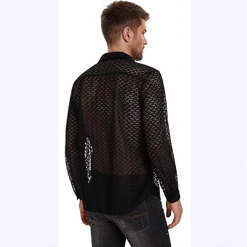 Cămașă bărbătească din dantelă și plasă transparentă, mânecă lungă, top casual