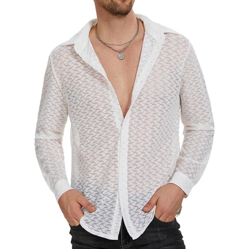 Cămașă bărbătească din dantelă și plasă transparentă, mânecă lungă, top casual