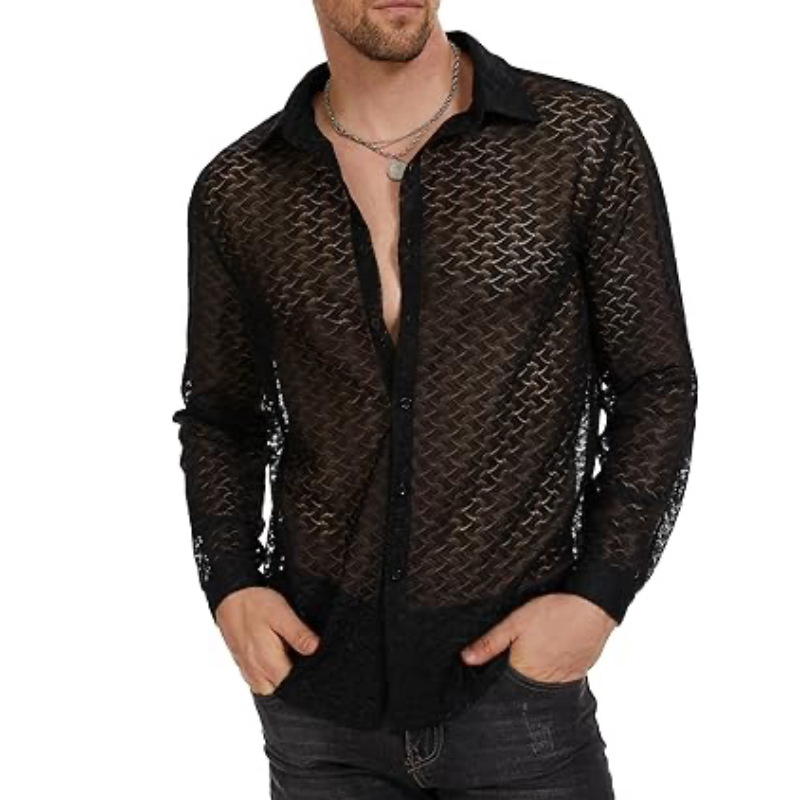 Cămașă bărbătească din dantelă și plasă transparentă, mânecă lungă, top casual