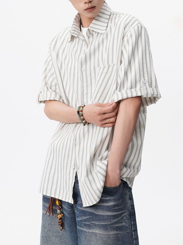 Cămașă de vară cu dungi texturate, mânecă scurtă, unisex, fir bule, fără cute, croi lejer, buzunar frontal