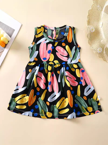 Rochie de vară pentru fetițe, în croială A-line, din material bumbac-satin, imprimeuri cu animale, desene animate, avatar și buline