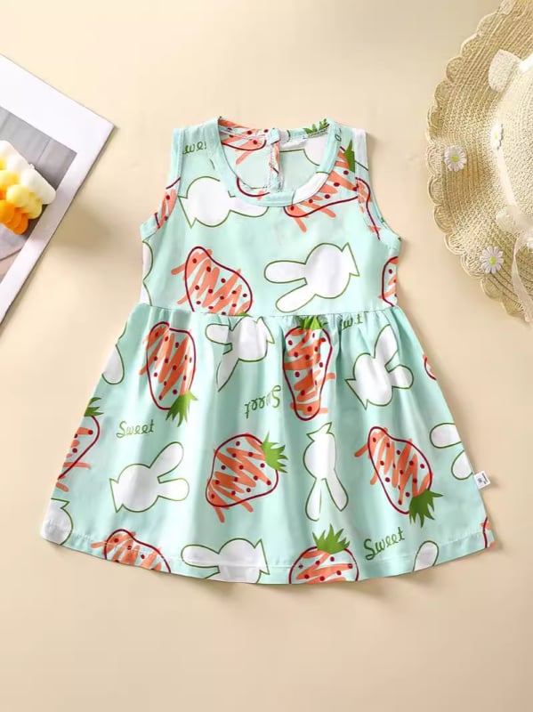 Rochie de vară pentru fetițe, în croială A-line, din material bumbac-satin, imprimeuri cu animale, desene animate, avatar și buline