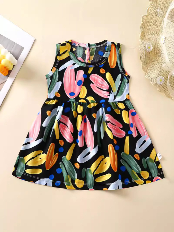Rochie de vară pentru fetițe, în croială A-line, din material bumbac-satin, imprimeuri cu animale, desene animate, avatar și buline
