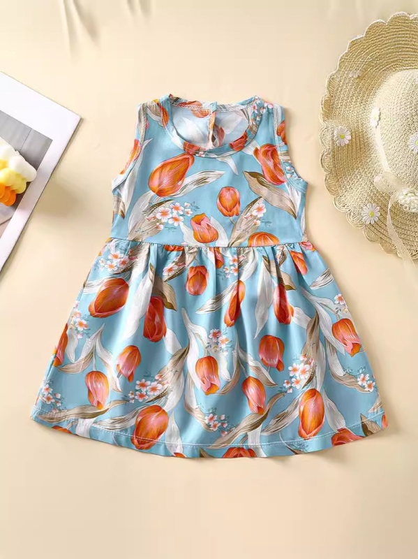 Rochie de vară pentru fetițe, în croială A-line, din material bumbac-satin, imprimeuri cu animale, desene animate, avatar și buline