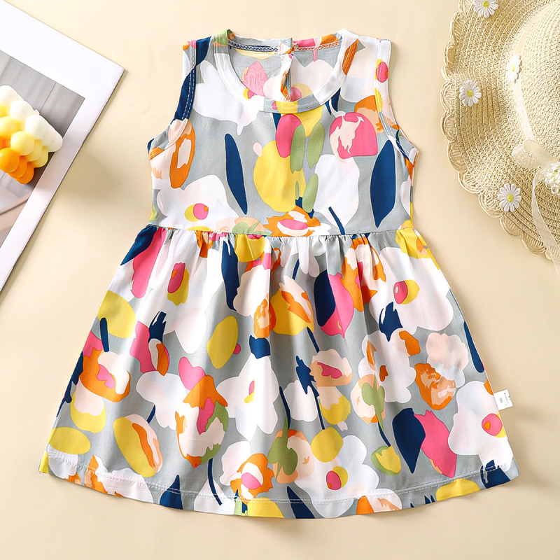 Rochie de vară pentru fetițe, în croială A-line, din material bumbac-satin, imprimeuri cu animale, desene animate, avatar și buline
